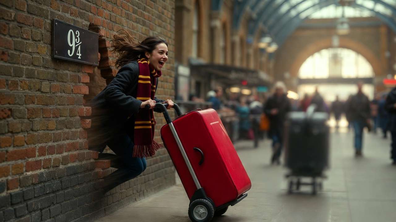 Fan pushing trolley through the wall at the famous Platform 9¾ photo op in King's Cross