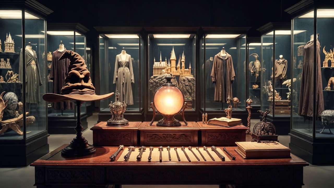 Authentic Dumbledore office props and costumes display from Harry Potter films at NYC Exhibition