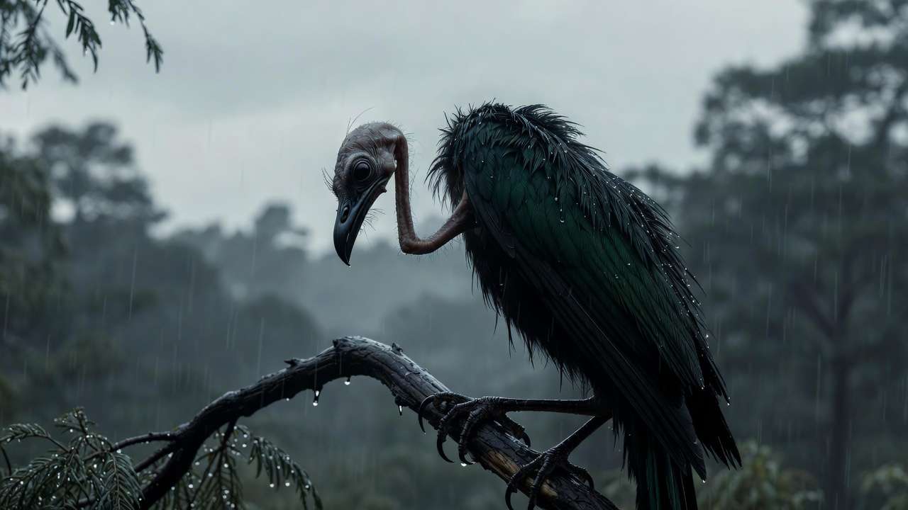 Augurey bird perched in rain, the misunderstood Irish phoenix from Harry Potter lore