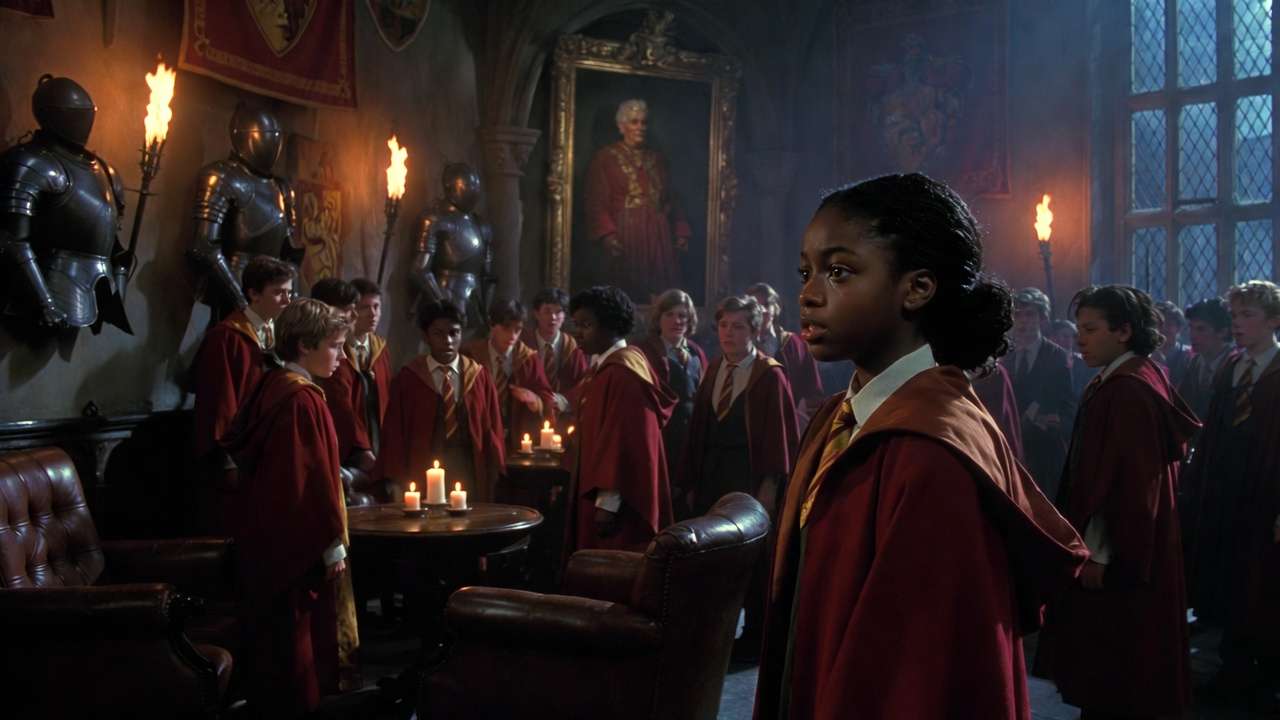 Kellah among Gryffindor students near Fat Lady portrait in Prisoner of Azkaban scene