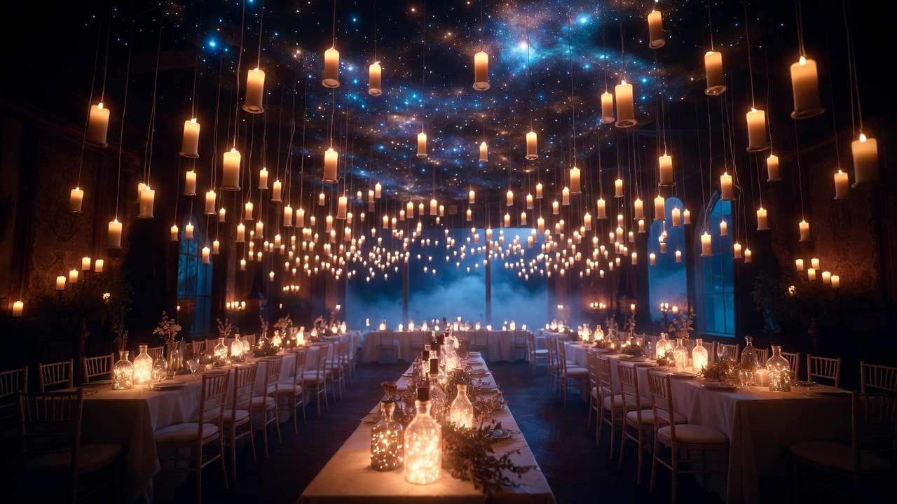 Elegant Harry Potter theme wedding reception with floating candles and starry ceiling projection