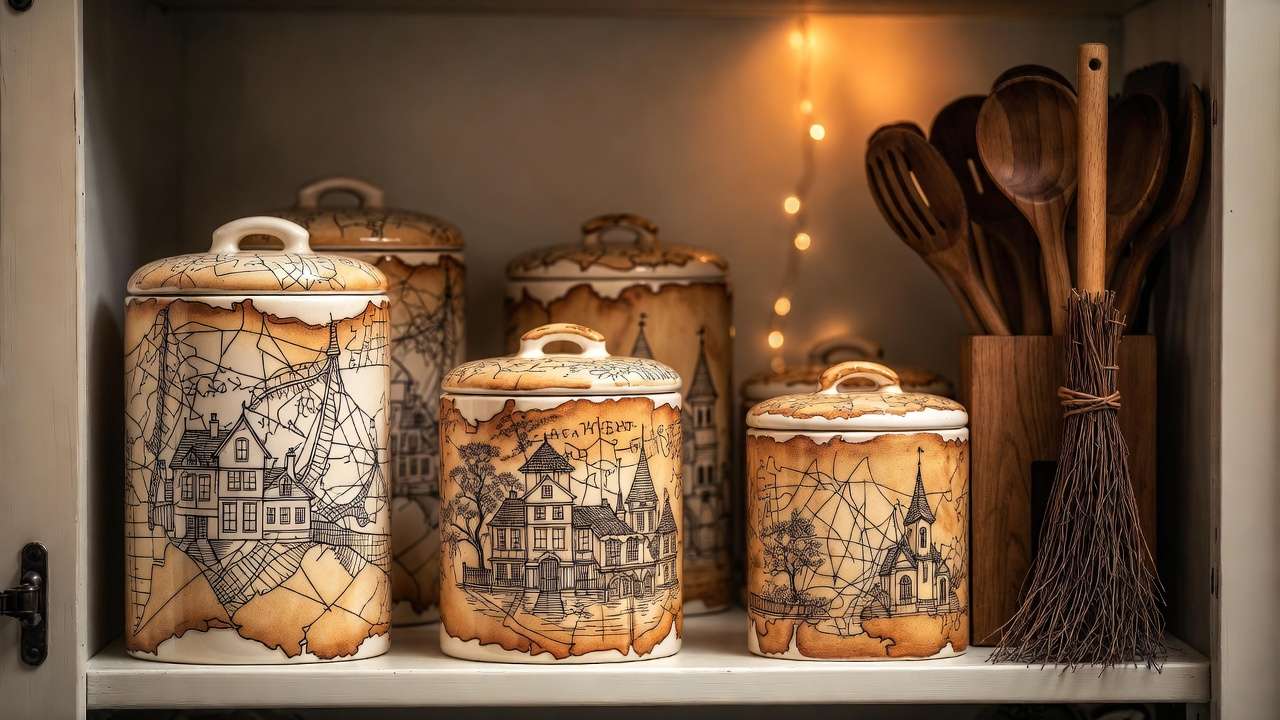 Marauder's Map themed canisters and broom utensil holder on open kitchen shelves in enchanted style
