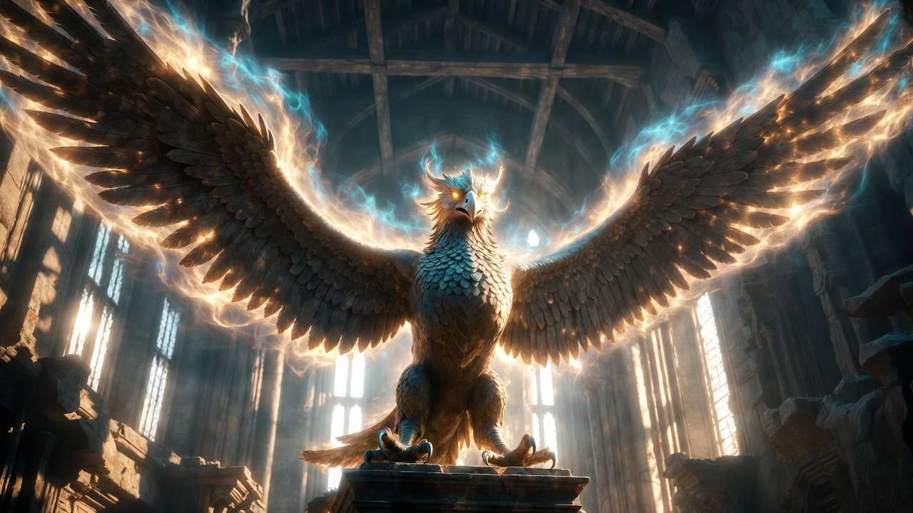 Ilvermorny Thunderbird house statue beating wings during sorting ceremony