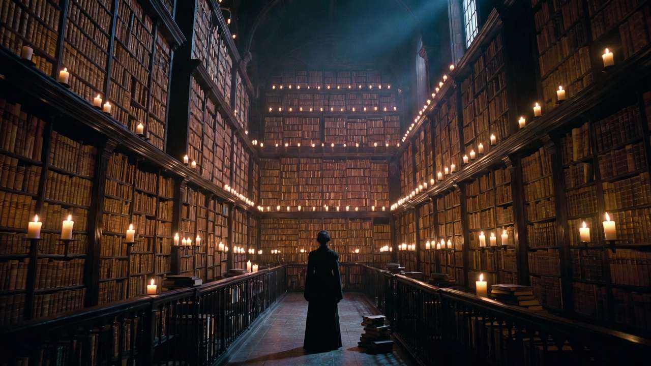 Majestic Hogwarts Library interior with Madam Pince as guardian of magical knowledge