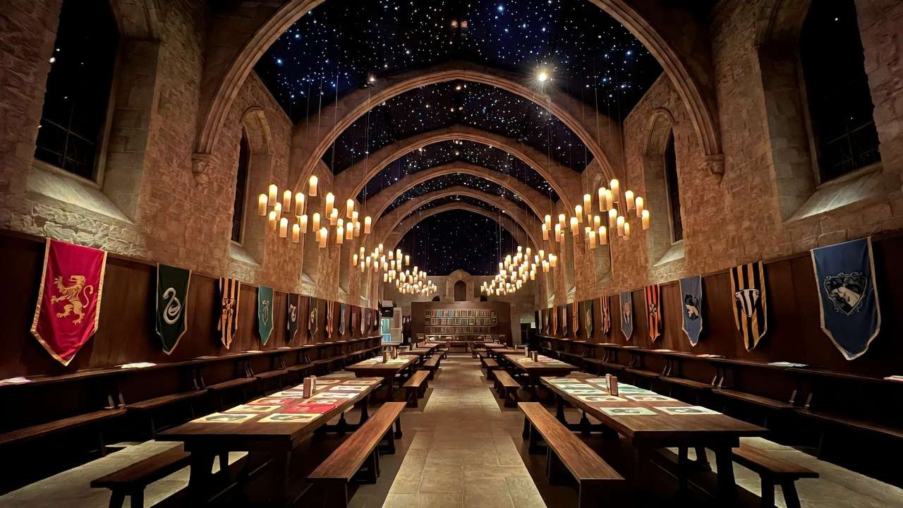 Iconic Hogwarts Great Hall recreation with floating candles at Harry Potter Exhibition NYC