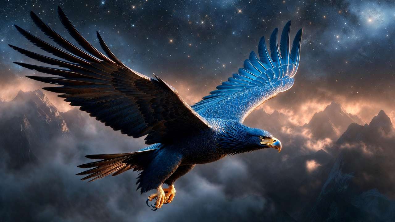 Ravenclaw eagle in blue and bronze soaring symbolizing intelligence and wisdom