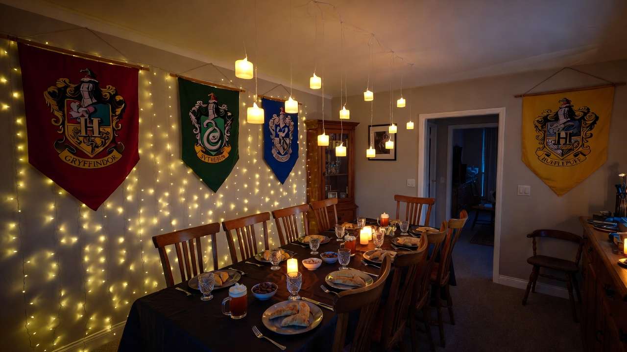 DIY Hogwarts Great Hall dining table setup at home with floating candles and house banners