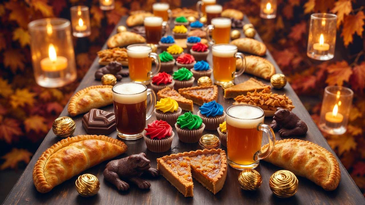 Overhead view of homemade Harry Potter feast with butterbeer, pumpkin pasties, treacle tart, and chocolate frogs