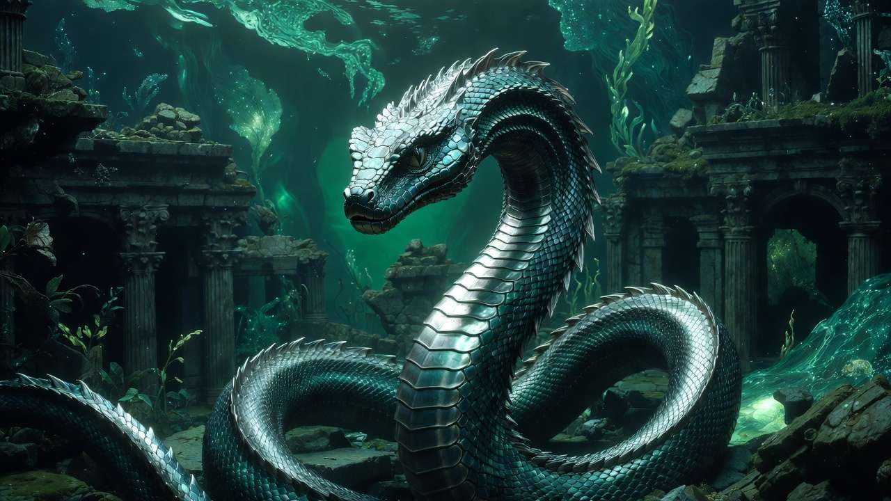 Slytherin serpent in green and silver representing ambition and cunning