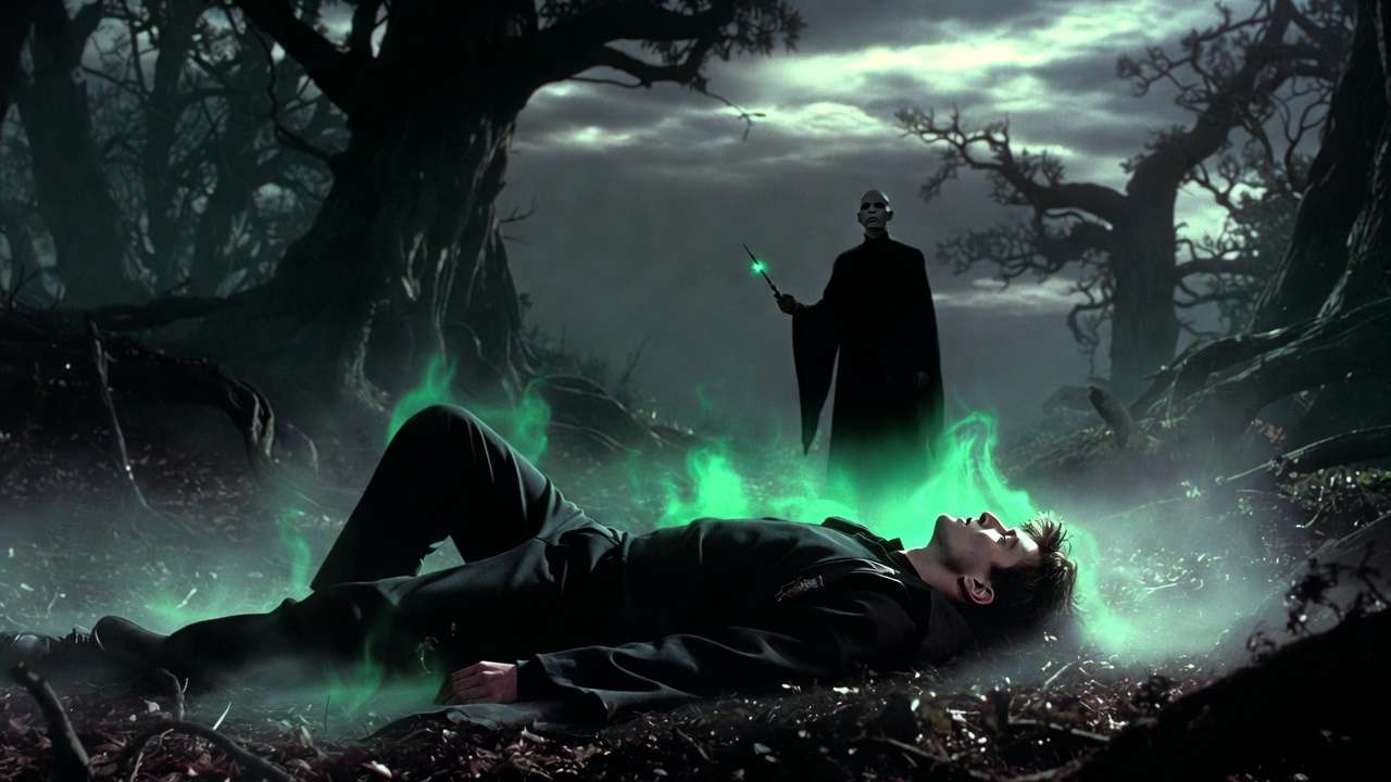 Harry Potter struck by Voldemort's Killing Curse in the Forbidden Forest, green light flash, Deathly Hallows scene