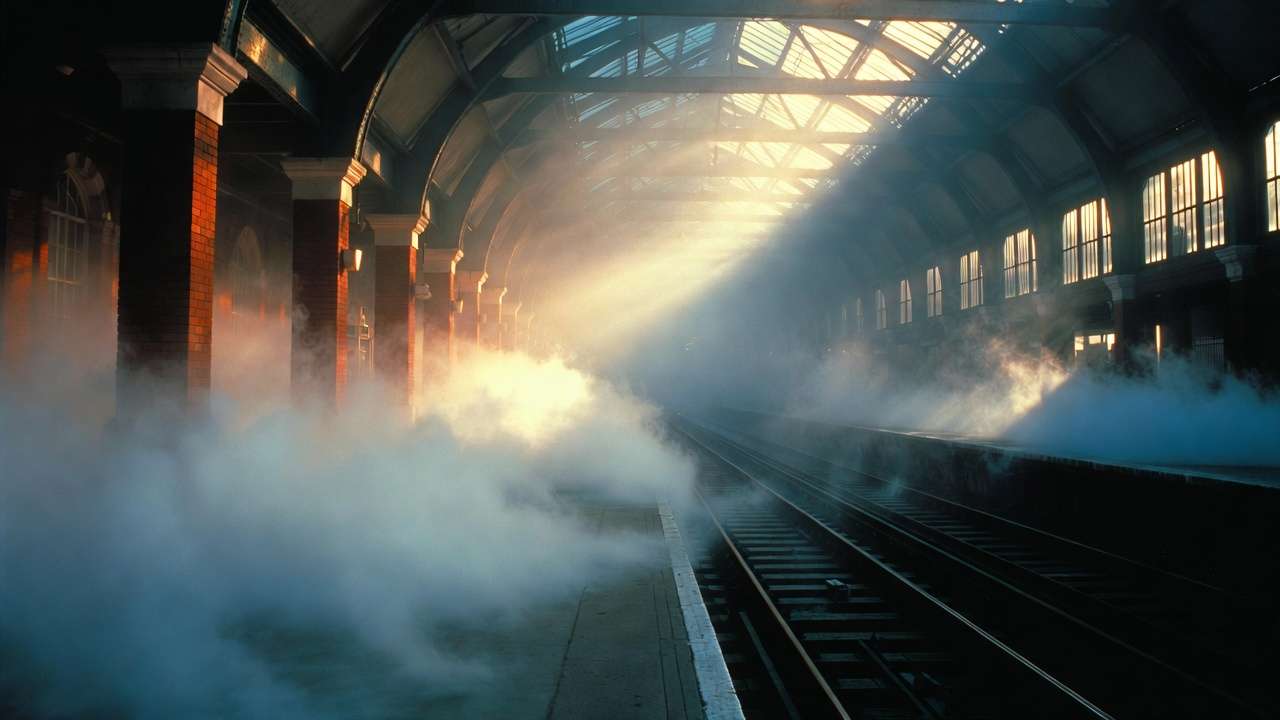 King's Cross station in ethereal limbo, symbolic afterlife scene from Harry Potter and the Deathly Hallows