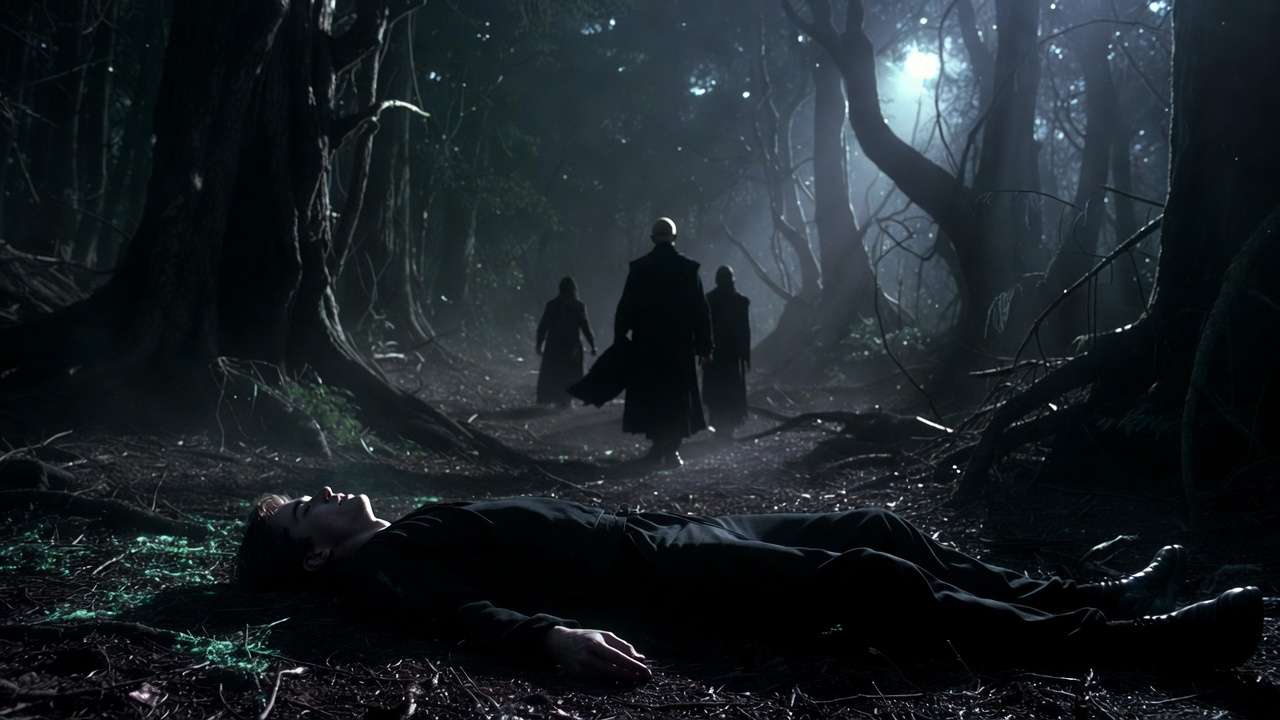 Harry Potter pretending to be dead in Forbidden Forest after surviving Killing Curse, Deathly Hallows aftermath