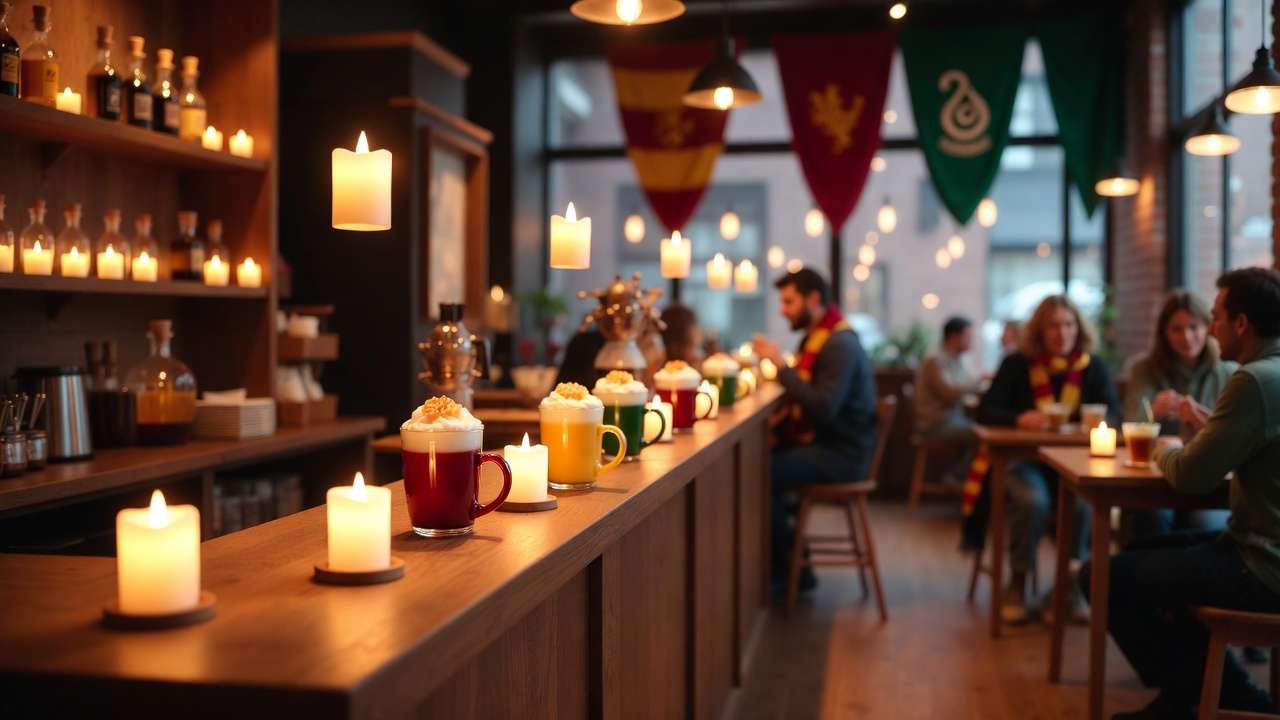 Independent Harry Potter themed coffee shop interior with butterbeer drinks and floating candle decor