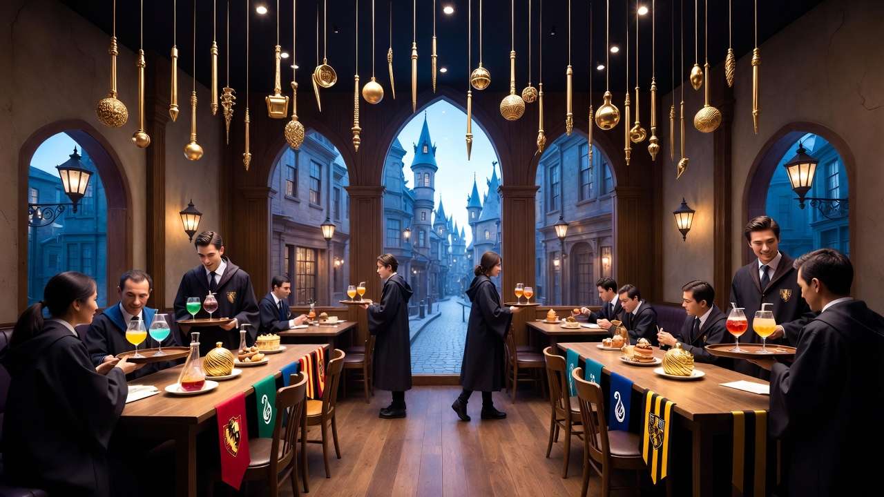 Tokyo Harry Potter Cafe interior with house banners, potion drinks, and magical wand ceiling decor