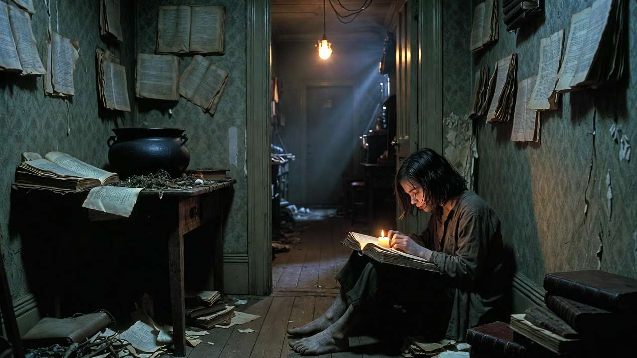 Young Severus Snape in his childhood home at Spinner’s End, illustrating his neglected early life