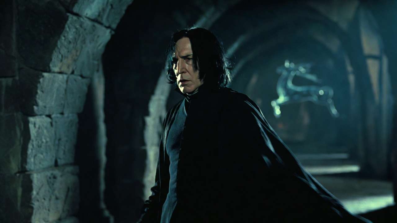 Severus Snape secretly protecting Harry with his doe Patronus in the shadows of Hogwarts