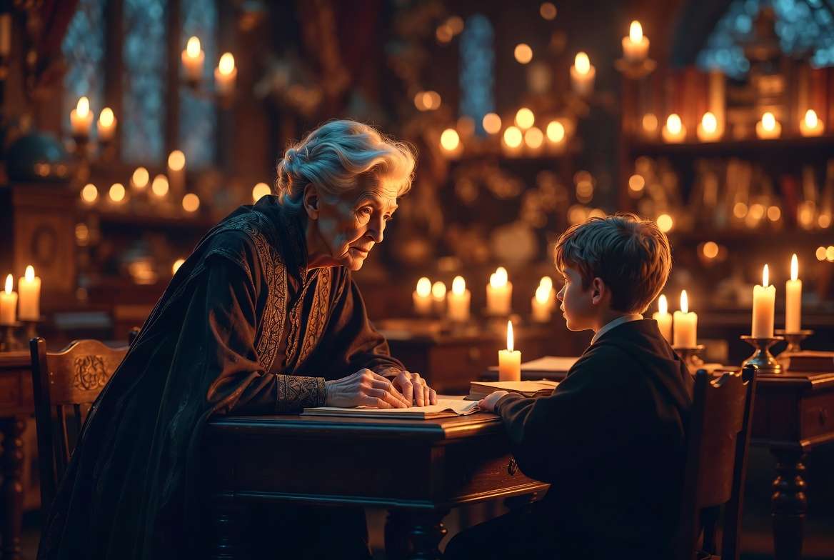 Professor McGonagall showing rare warmth and encouragement toward a Hogwarts student in classroom