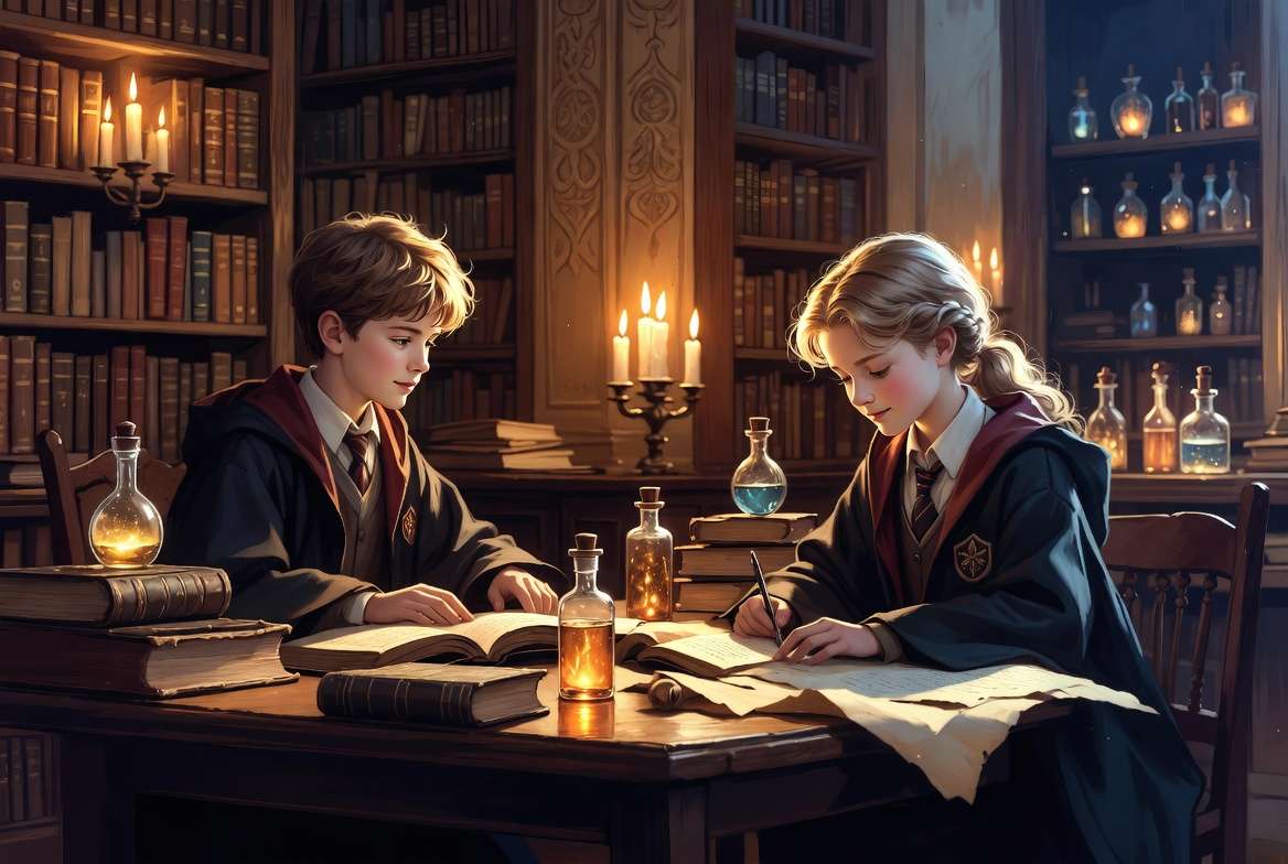 Two Hogwarts students sharing a romantic study session in a candlelit magical classroom in Hogwarts Mystery
