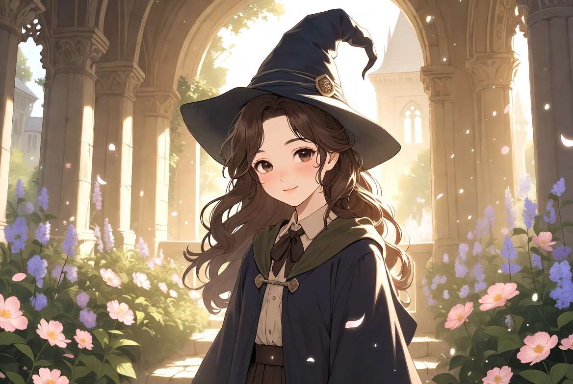 A kind and warmhearted Hogwarts witch standing in a magical sunlit courtyard representing Penny Haywood romance in Hogwarts Mystery
