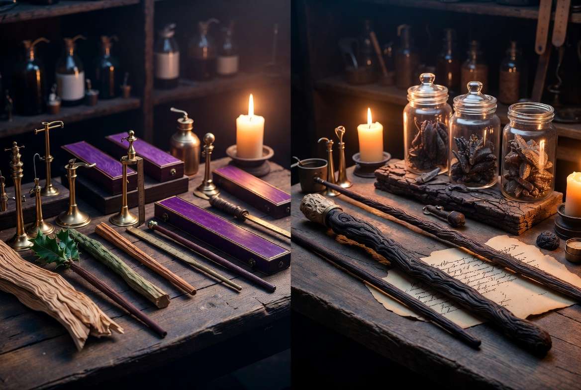 Two contrasting wandmaking workbenches representing British and Eastern European wandmaking traditions