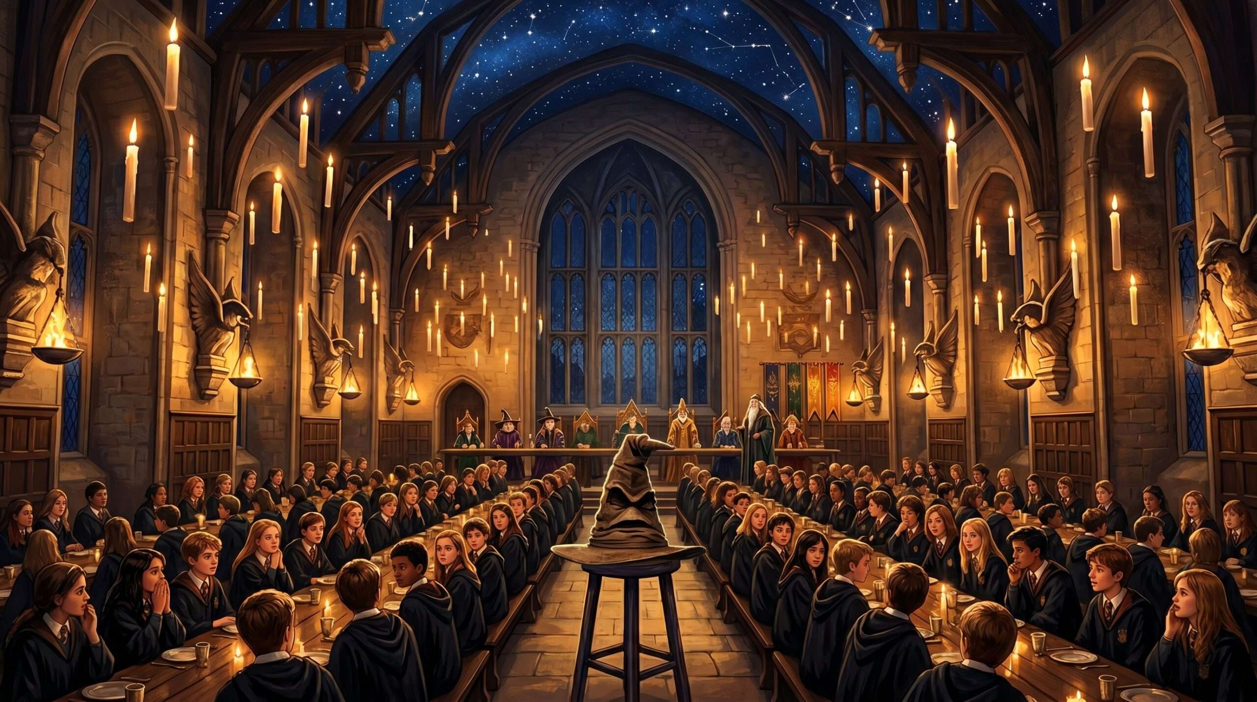 Hogwarts Sorting Ceremony hall where Daphne Greengrass was sorted into Slytherin House