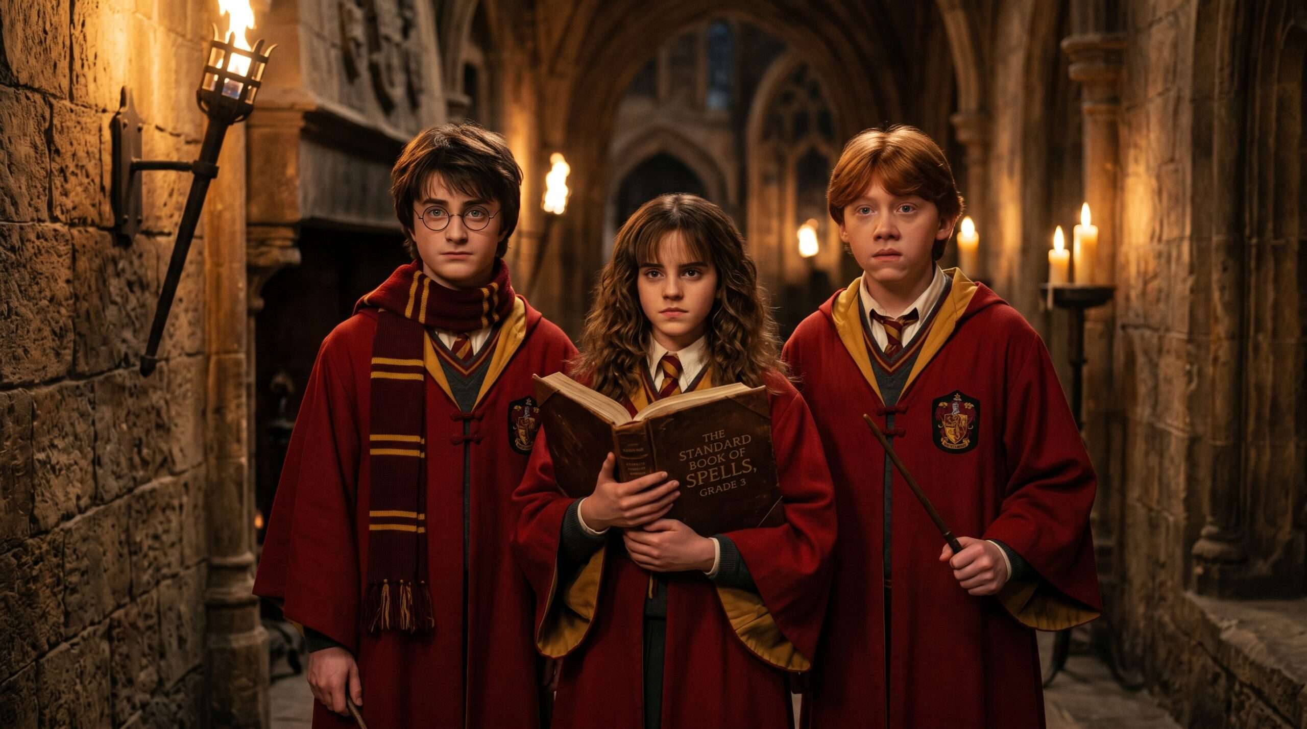 Three young Gryffindor students in robes standing together in a candlelit Hogwarts corridor representing the golden trio