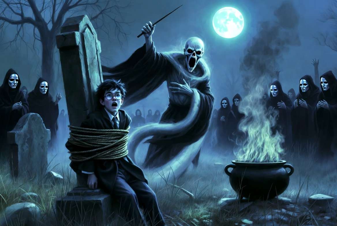 Harry Potter bound to a gravestone facing Voldemort during the dark graveyard resurrection ritual