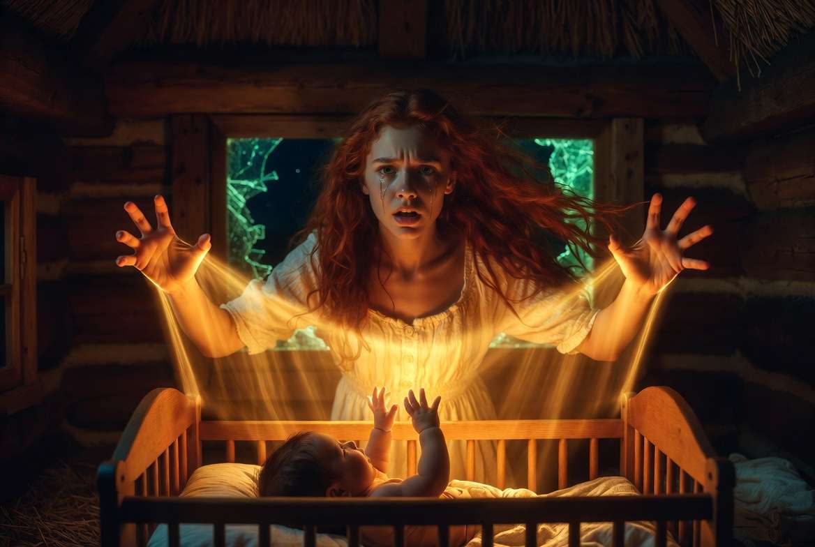 Lily Potter casting sacrificial love protection over baby Harry Potter shielding him from the Killing Curse at Godric's Hollow