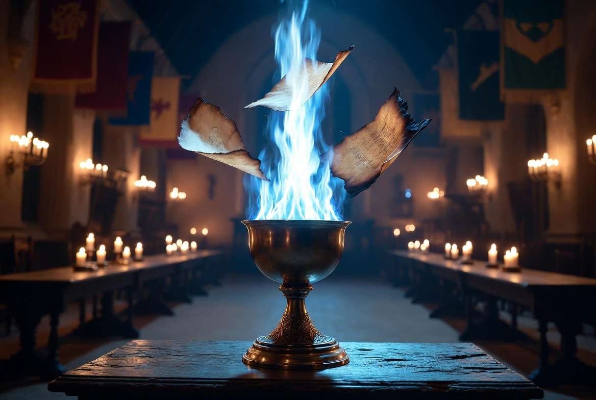 Papers flying over the goblet of fire in the Harry Potter and the Goblet of Fire.