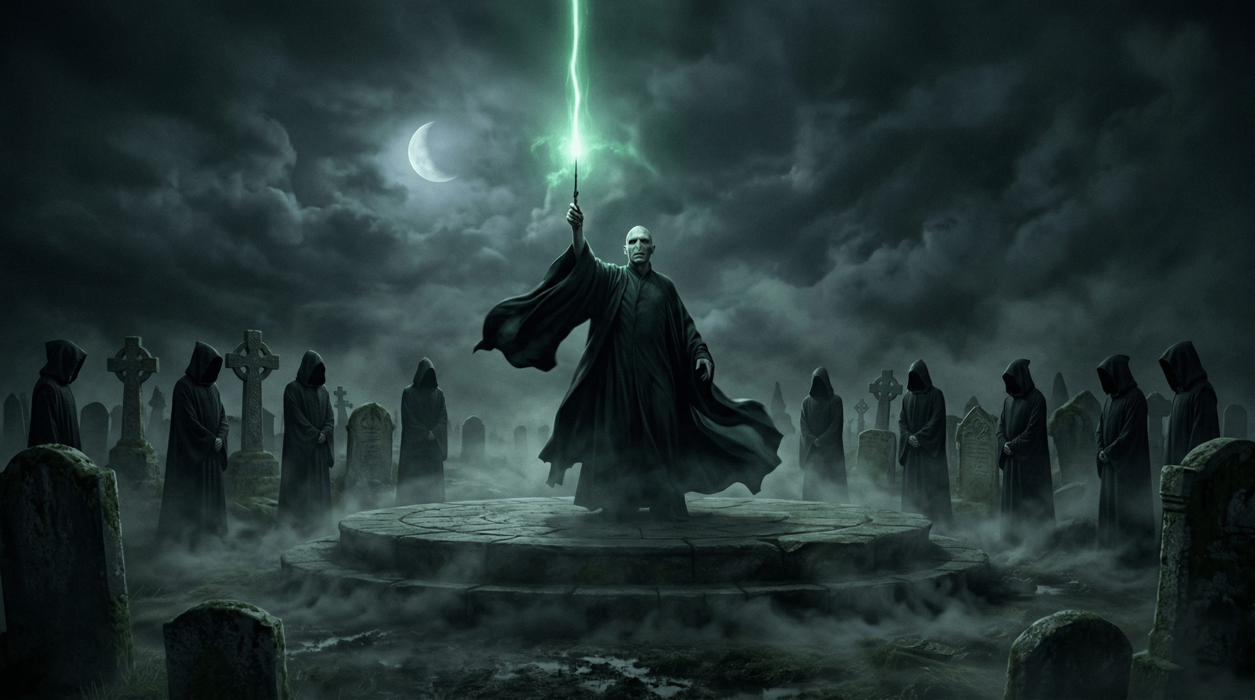 A serpentine dark lord standing in a foggy graveyard surrounded by hooded figures representing Voldemort's resurrection in Harry Potter