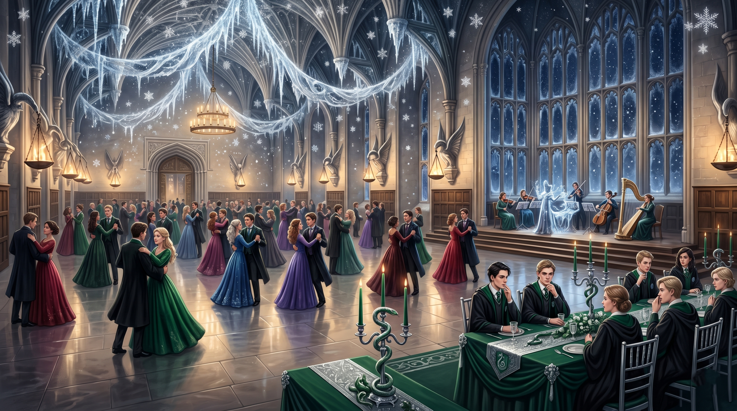 Hogwarts Yule Ball ballroom scene where Slytherin students including Daphne Greengrass were present