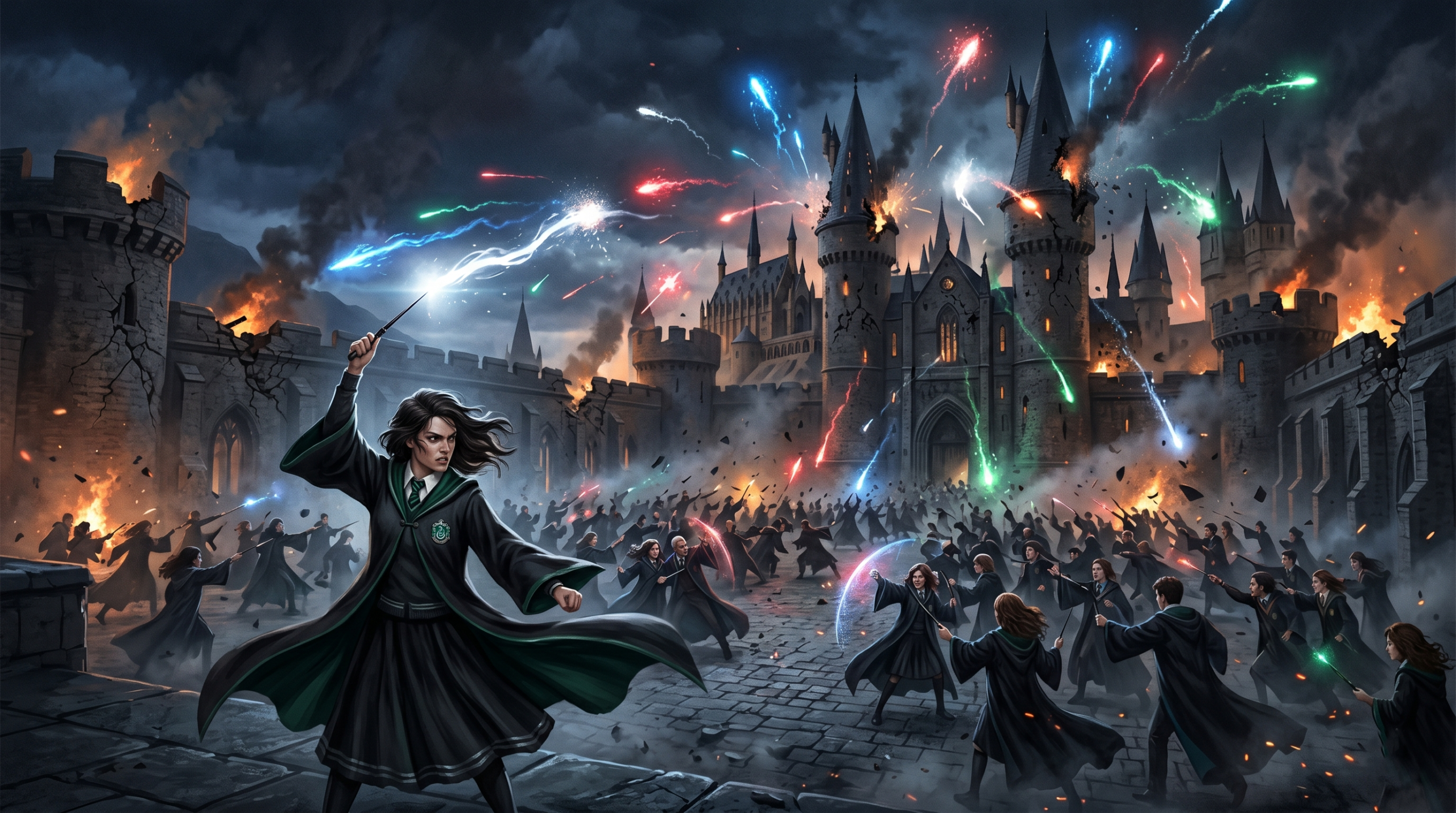 Battle of Hogwarts scene with a Slytherin witch representing Daphne Greengrass fan theory of staying to fight