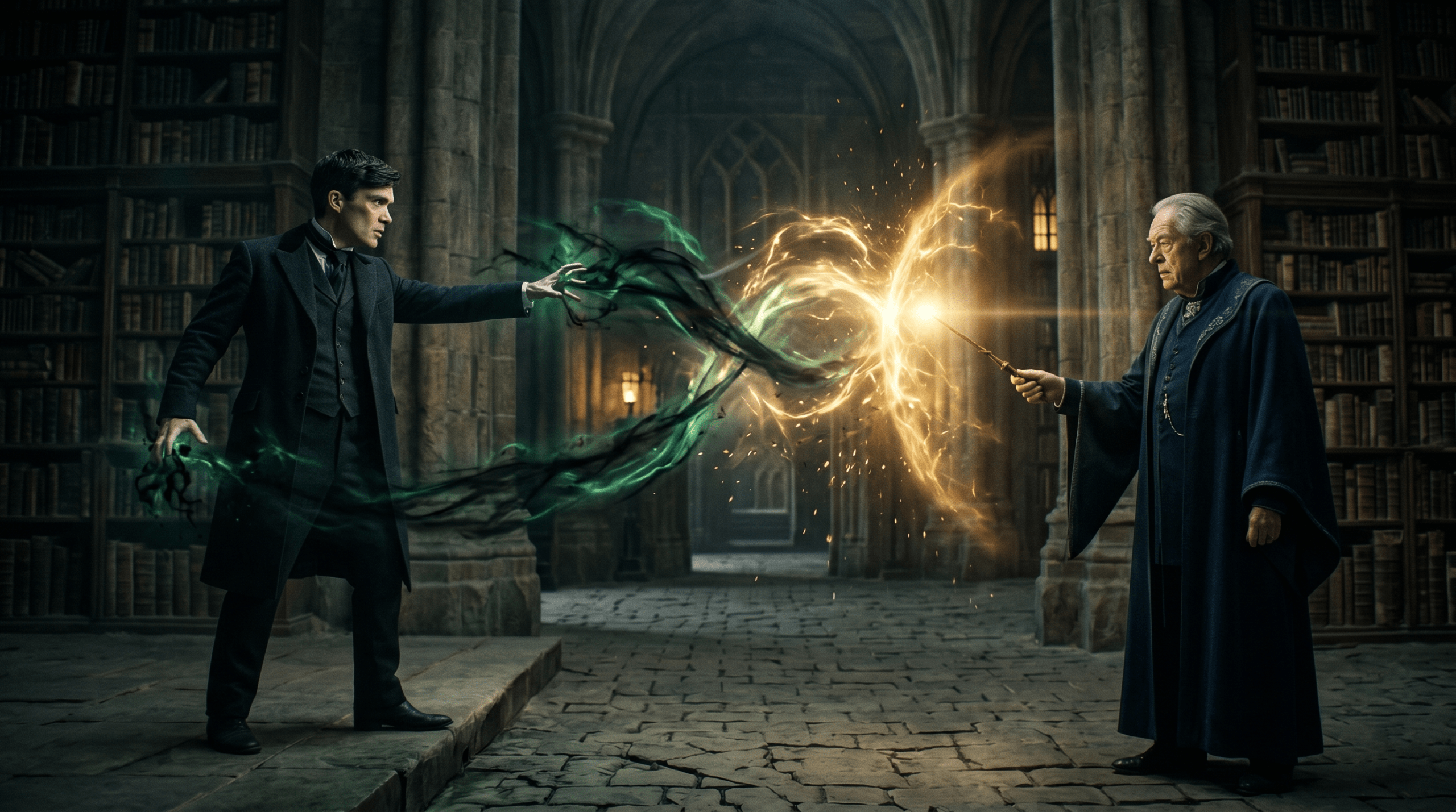 Epic cinematic confrontation between a dark wizard and a powerful good wizard symbolizing the magic of Harry Potter reboot casting