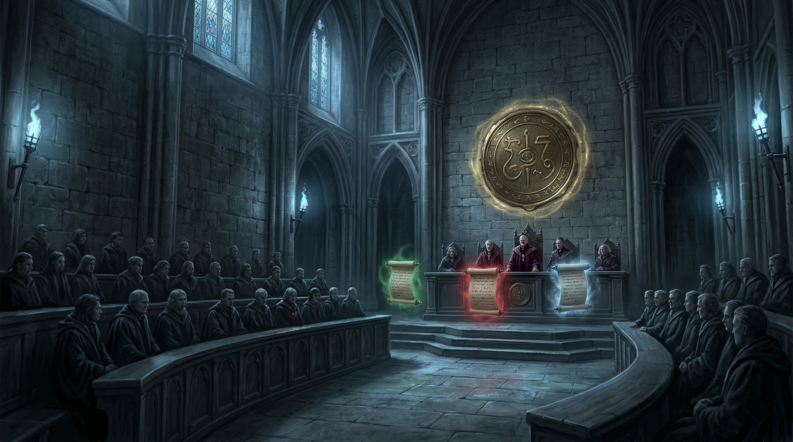 Wizarding Ministry of Magic courtroom scene depicting the formal classification of the three Unforgivable Curses in 1717