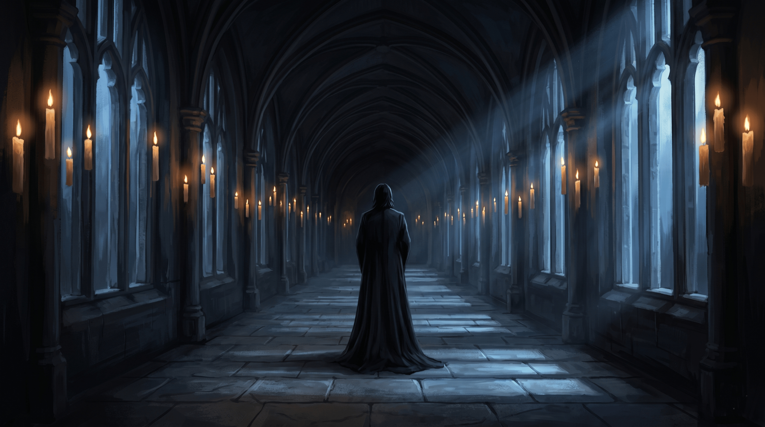 A lone dark-robed figure standing alone in a moonlit Hogwarts corridor conveying isolation and hidden sacrifice
