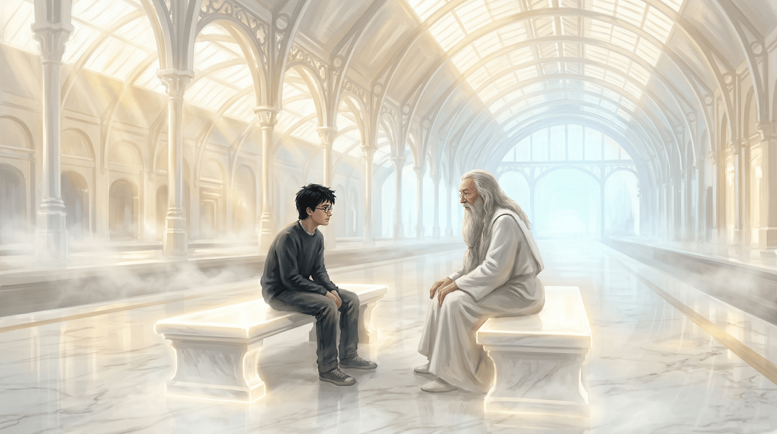Harry Potter and Dumbledore meet in the ethereal King's Cross limbo after Harry is struck by Voldemort's curse