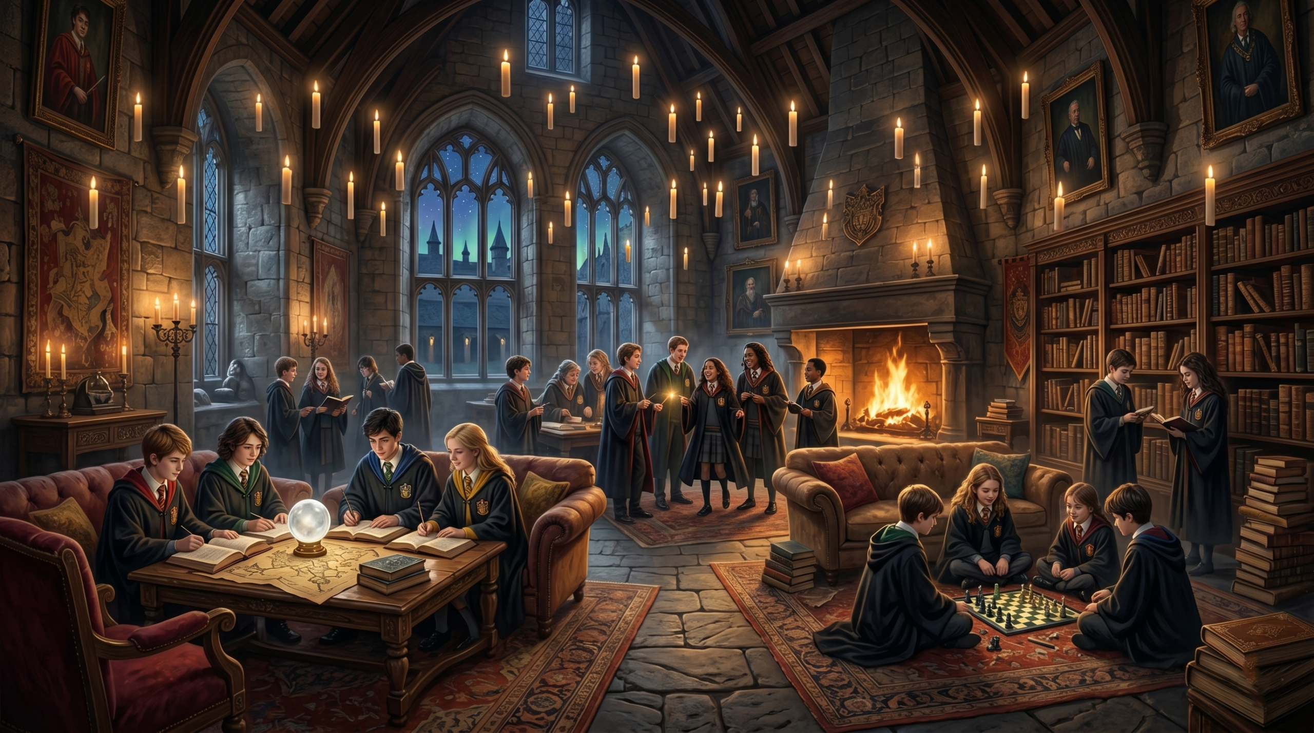 Young Hogwarts students in house robes gathered in a warmly lit stone common room representing the ensemble cast