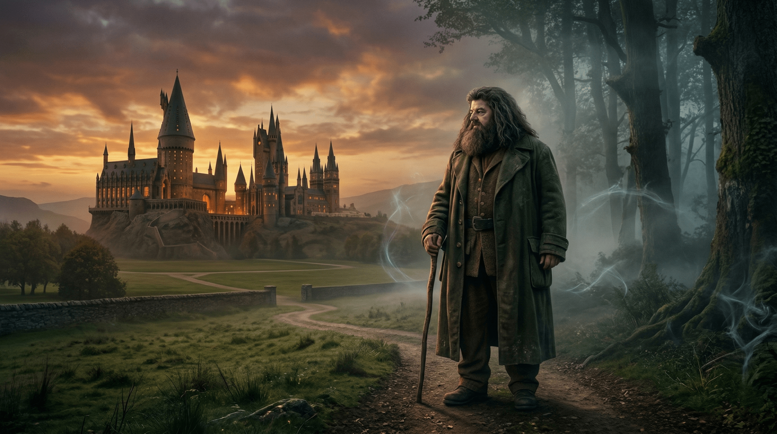 A giant-like man in a large overcoat standing outside a magical castle at dusk with a misty forest behind him