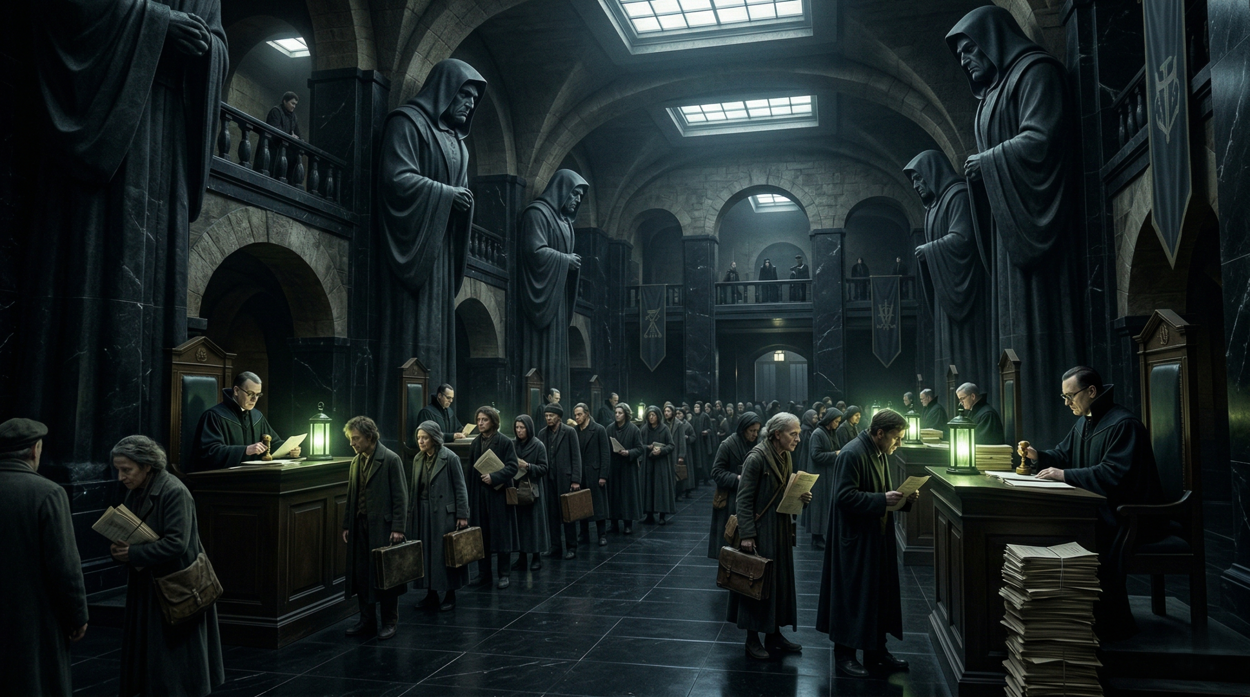 A dark oppressive wizarding ministry hall with fearful people facing authoritarian officials representing systemic evil in Harry Potter