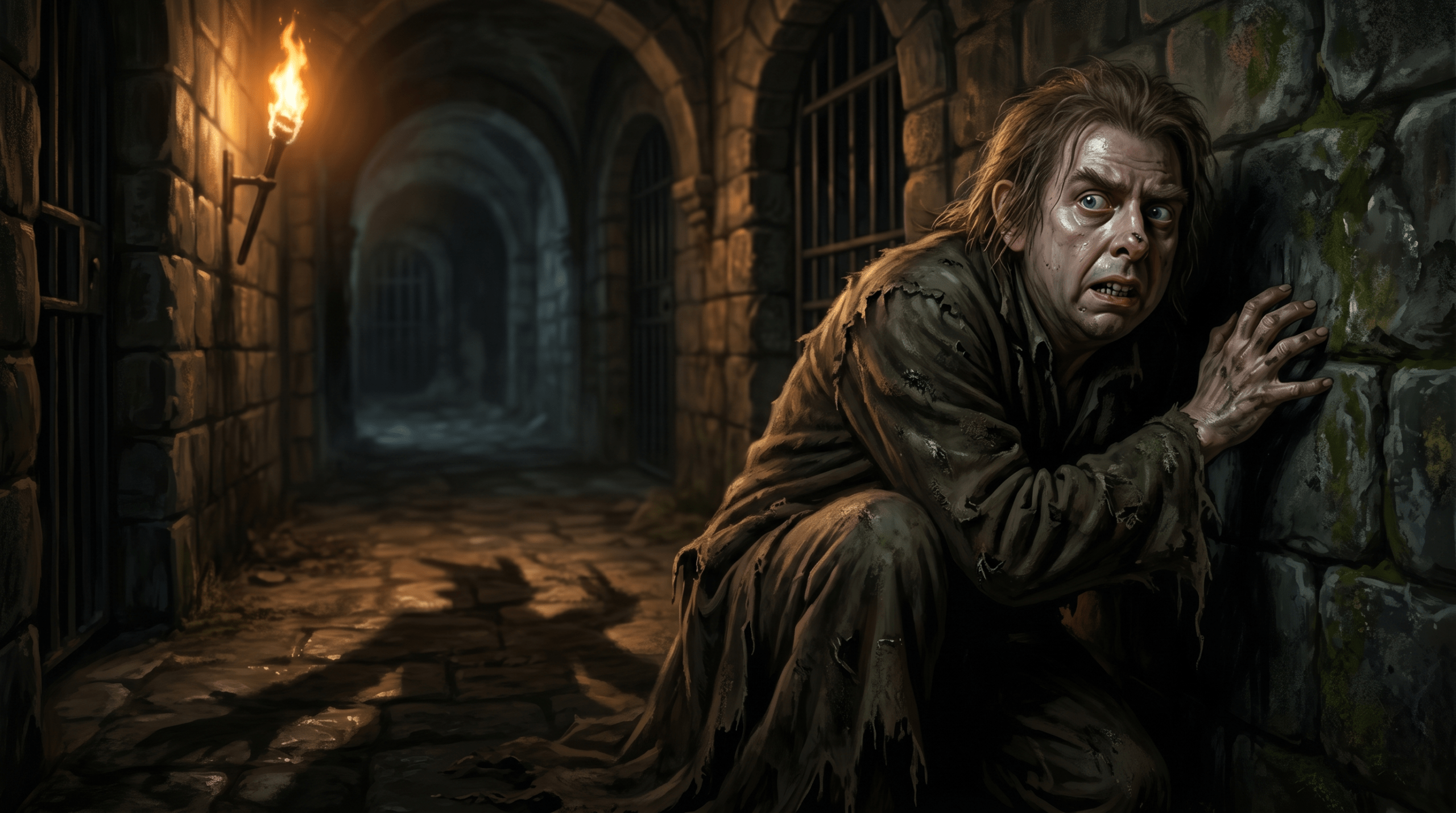 Peter Pettigrew Wormtail cowering in shadows representing cowardice and betrayal in Harry Potter