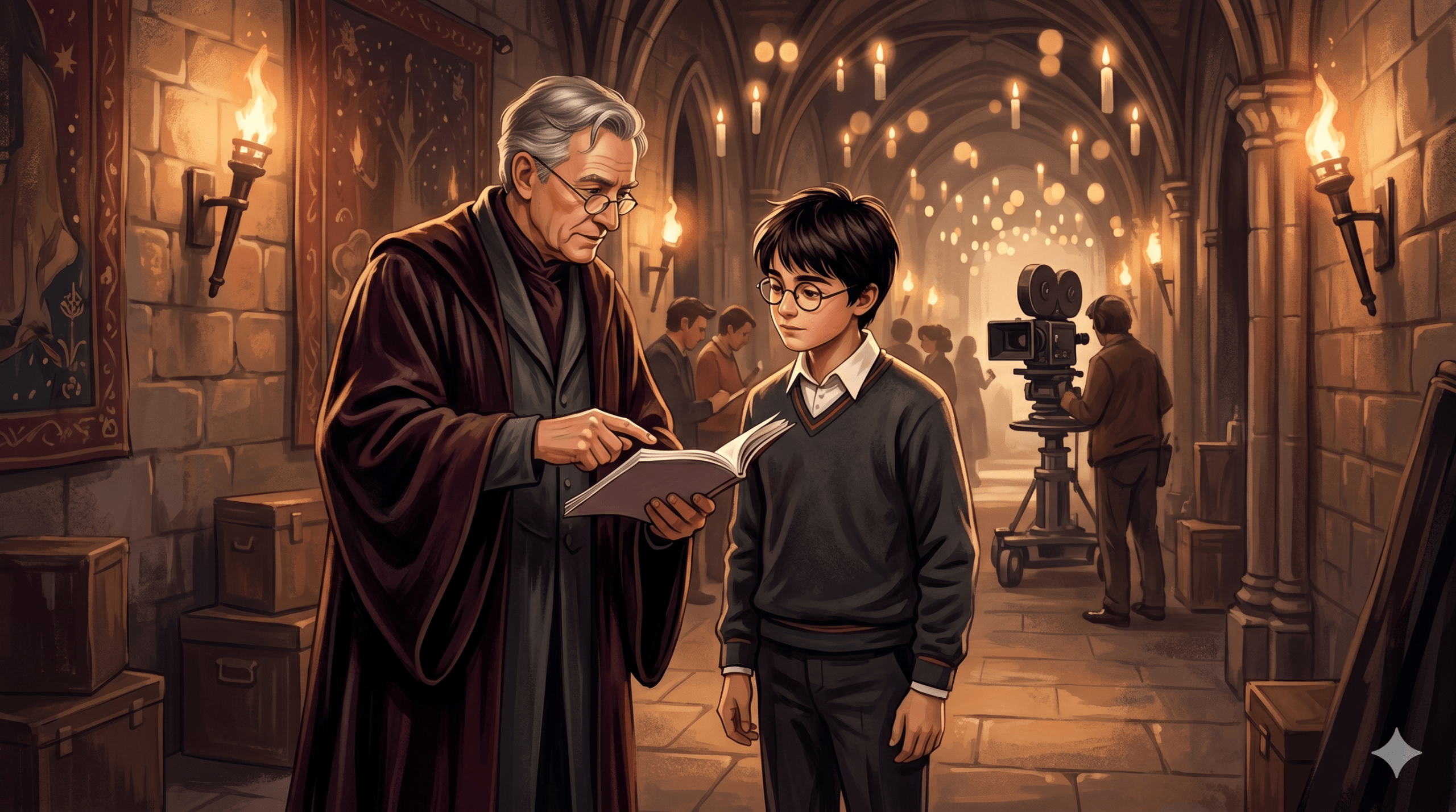 Veteran actor mentoring a young boy on a magical film set representing the on-set mentorship that shaped Daniel Radcliffe