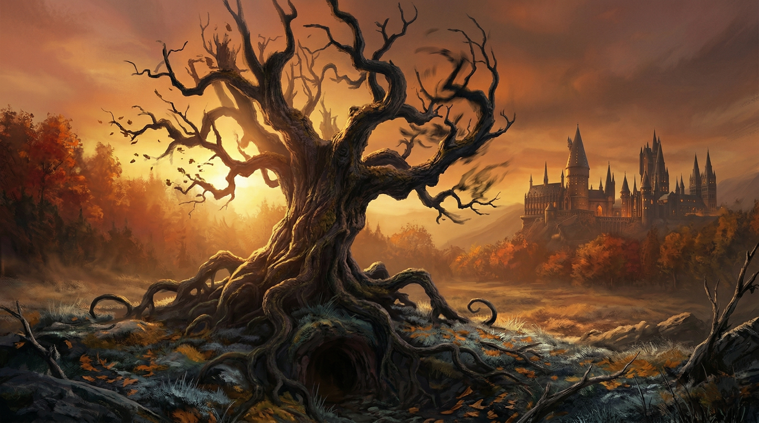 An ancient magical Whomping Willow tree with twisted branches and exposed roots revealing a hidden tunnel entrance on Hogwarts grounds at golden dusk