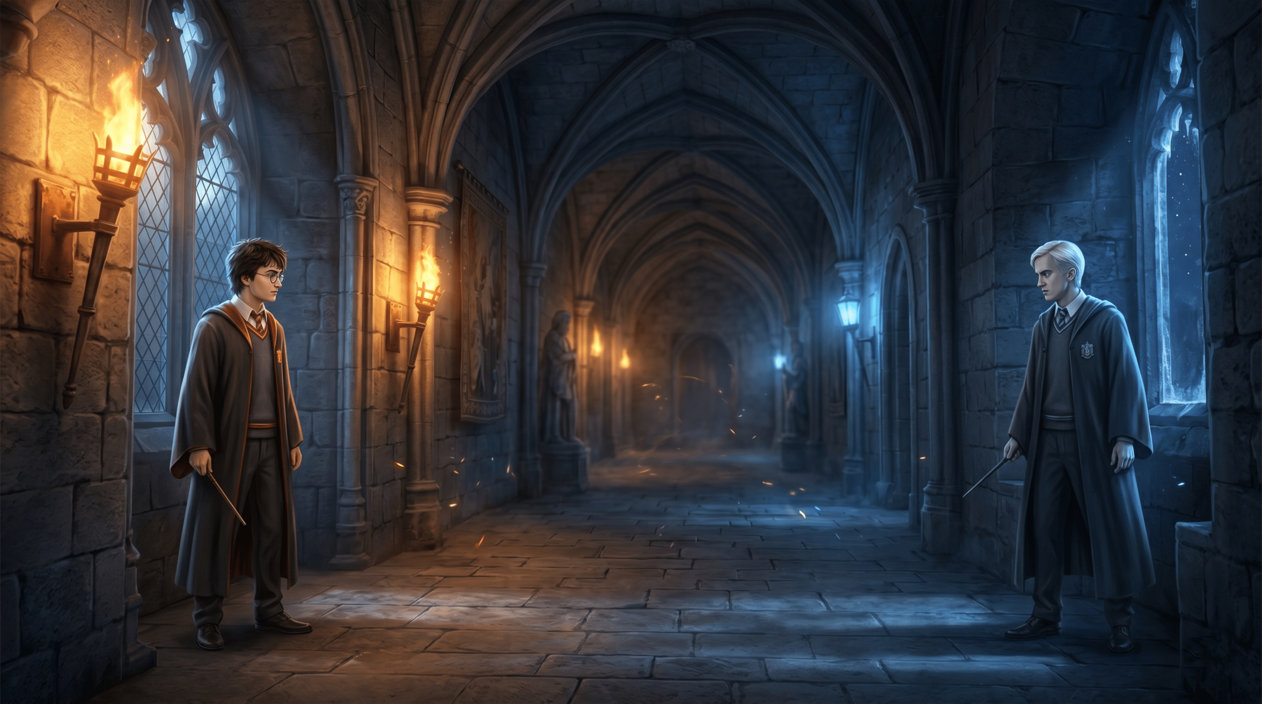Draco Malfoy and Harry Potter facing each other in Hogwarts corridor symbolizing moral complexity and duality
