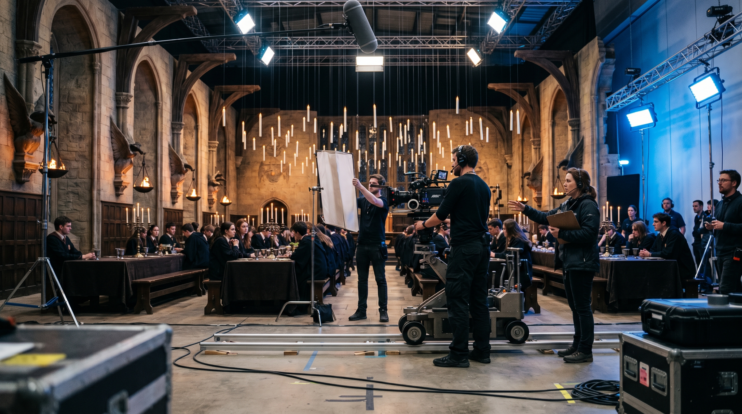 Behind the scenes of a major Harry Potter HBO reboot television production set with cinematic studio lighting