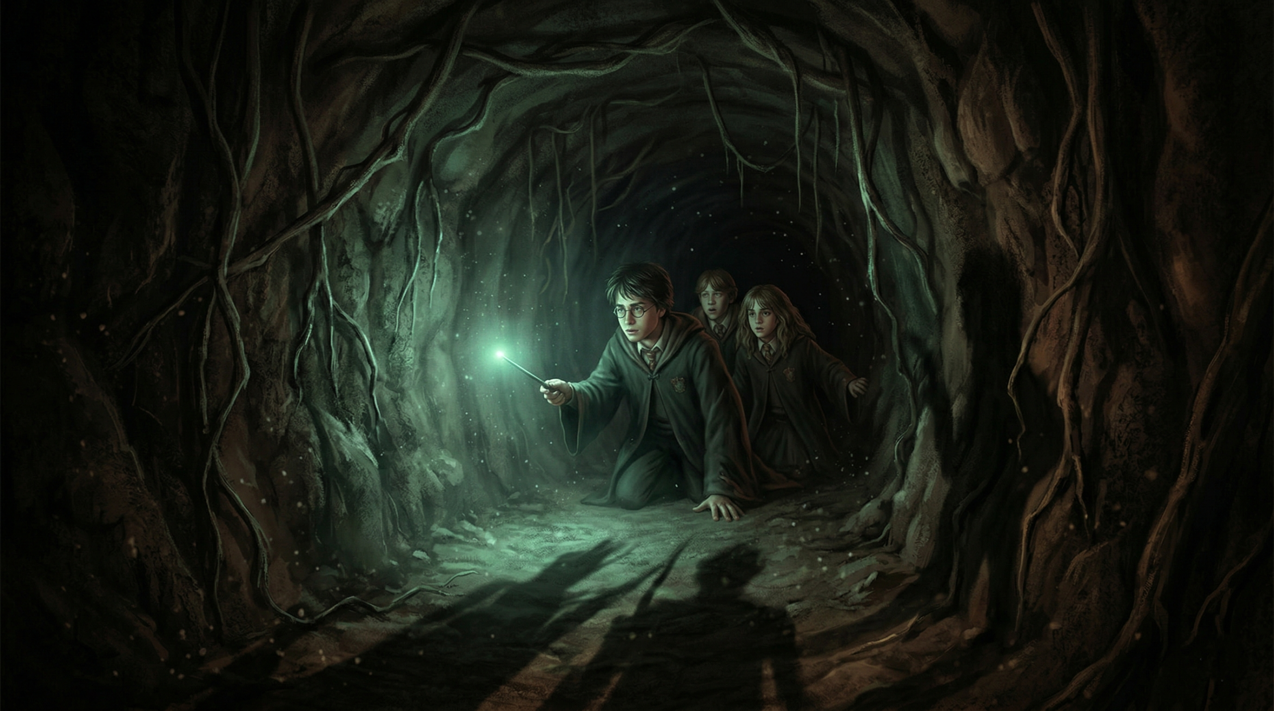 Three young Hogwarts students crawling through a dark underground tunnel beneath the Whomping Willow lit by a single magical wand glow