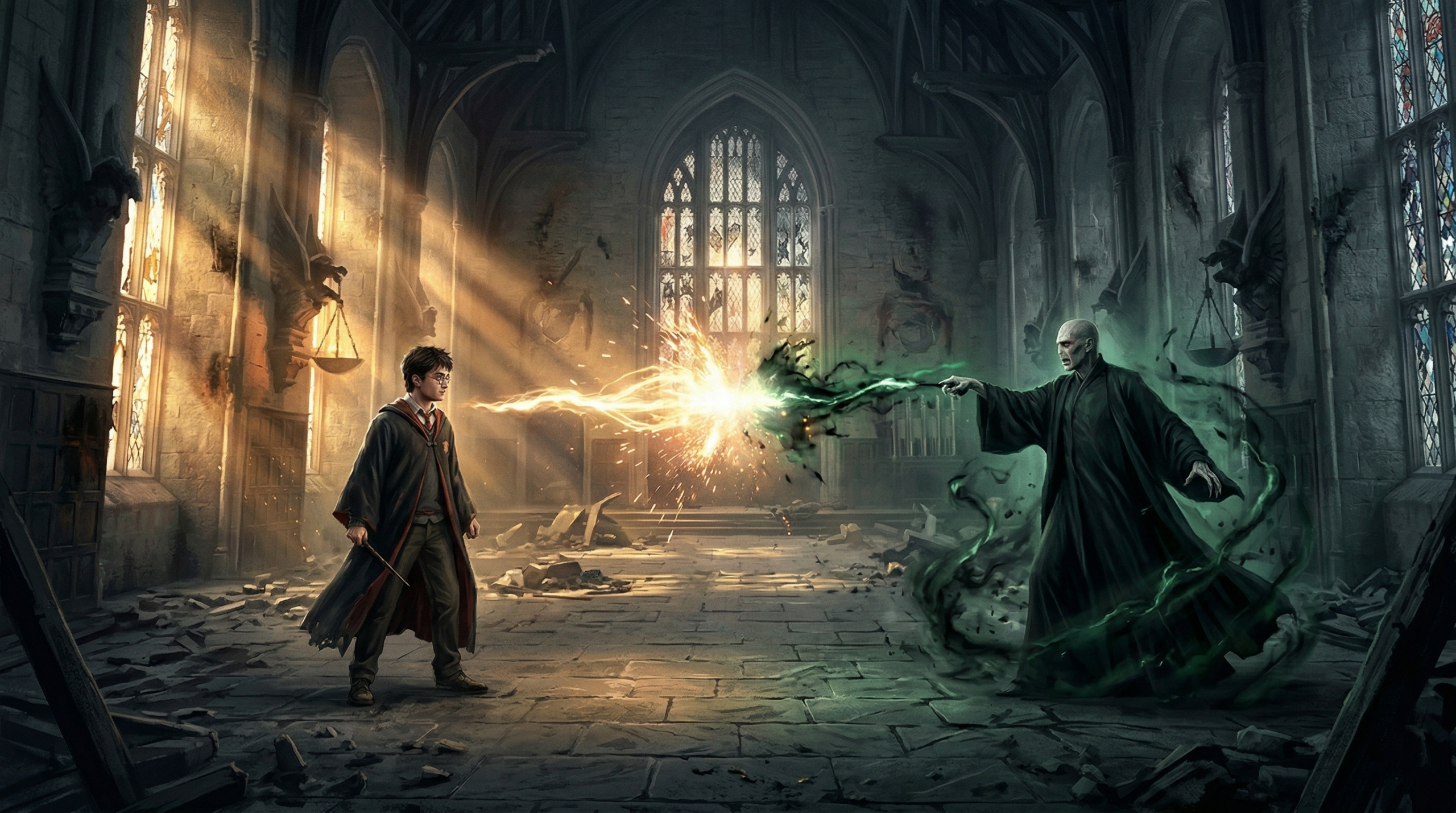 Harry Potter and Voldemort face each other in the final climactic duel inside Hogwarts Great Hall