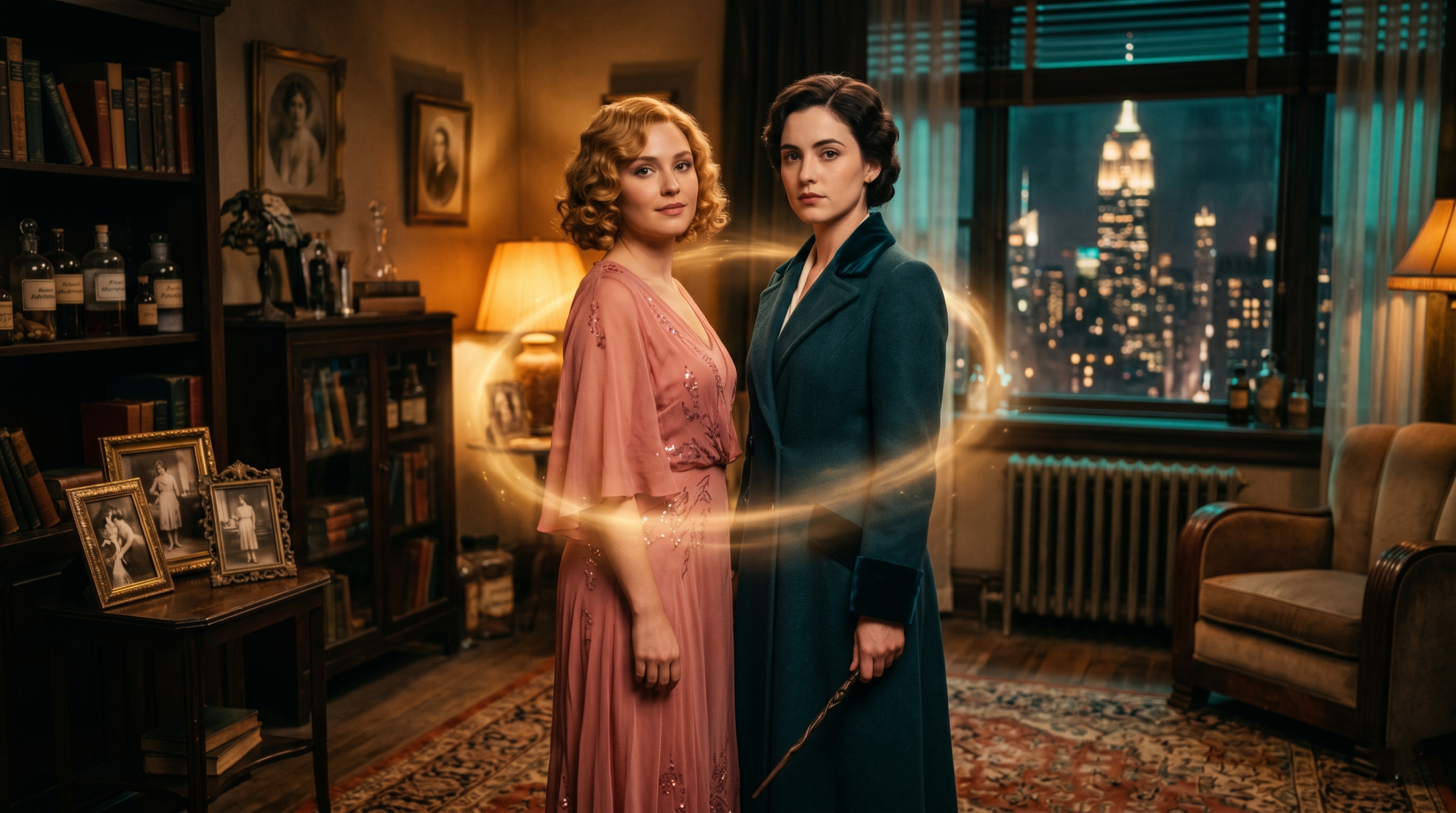 Two American witches sisters in 1920s New York apartment representing Queenie and Tina Goldstein from Fantastic Beasts