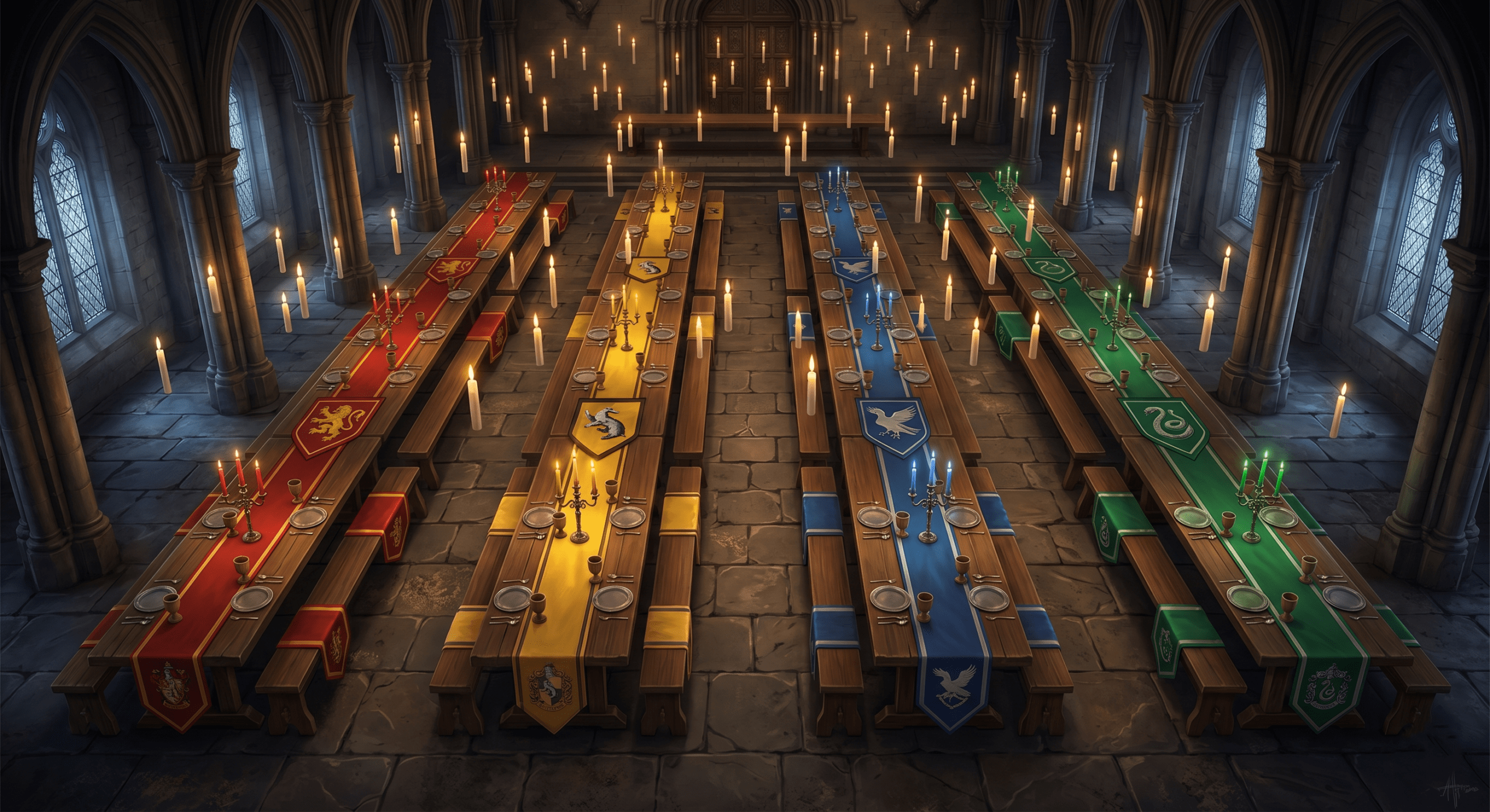 Overhead view of four Hogwarts house tables in the Great Hall representing student breakdown by house