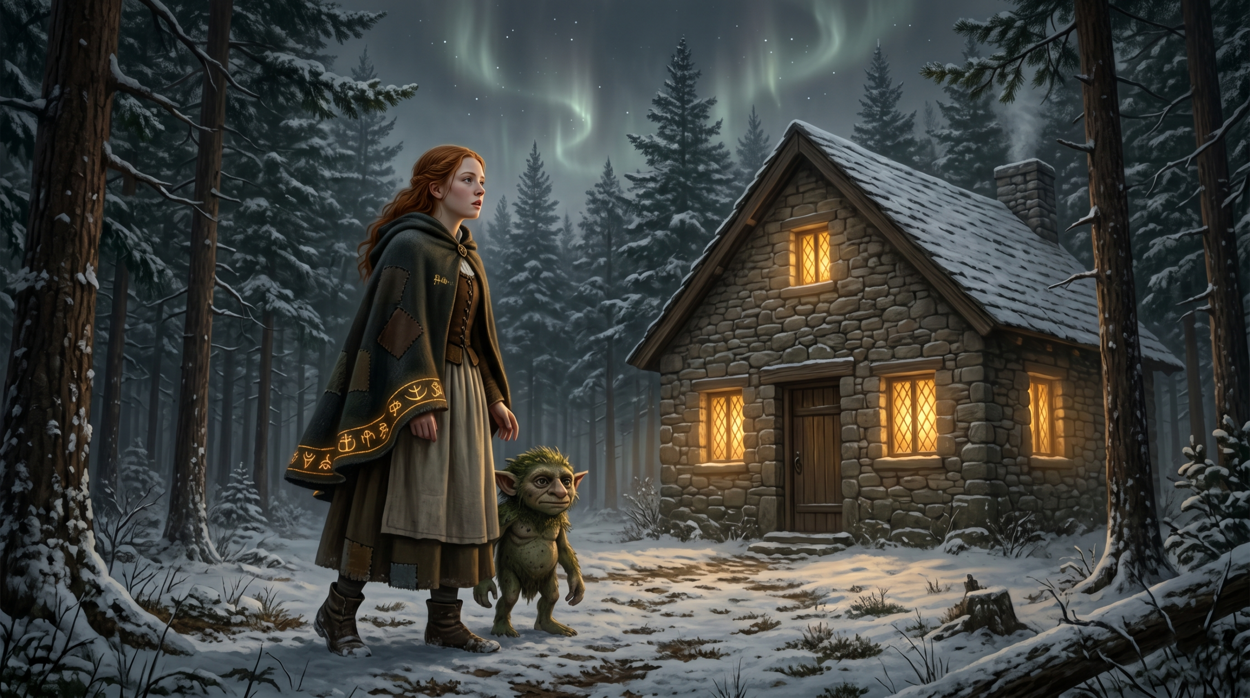 Isolt Sayre Irish witch founder of Ilvermorny standing before original stone cottage in colonial Massachusetts winter forest