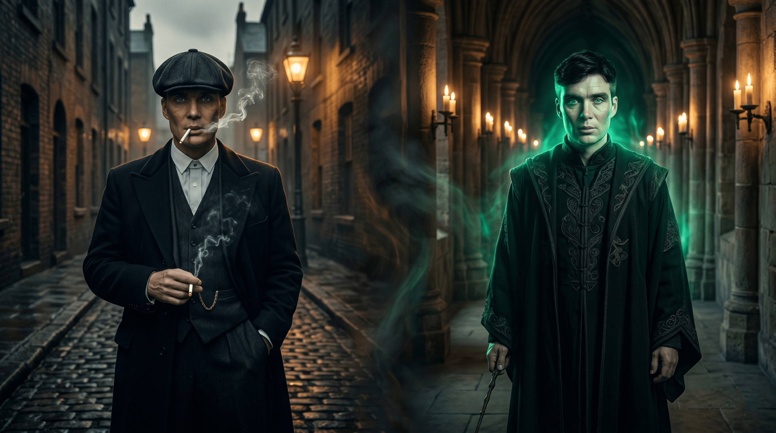 Split cinematic image comparing a Peaky Blinders style gangster character with a dark Harry Potter wizard role